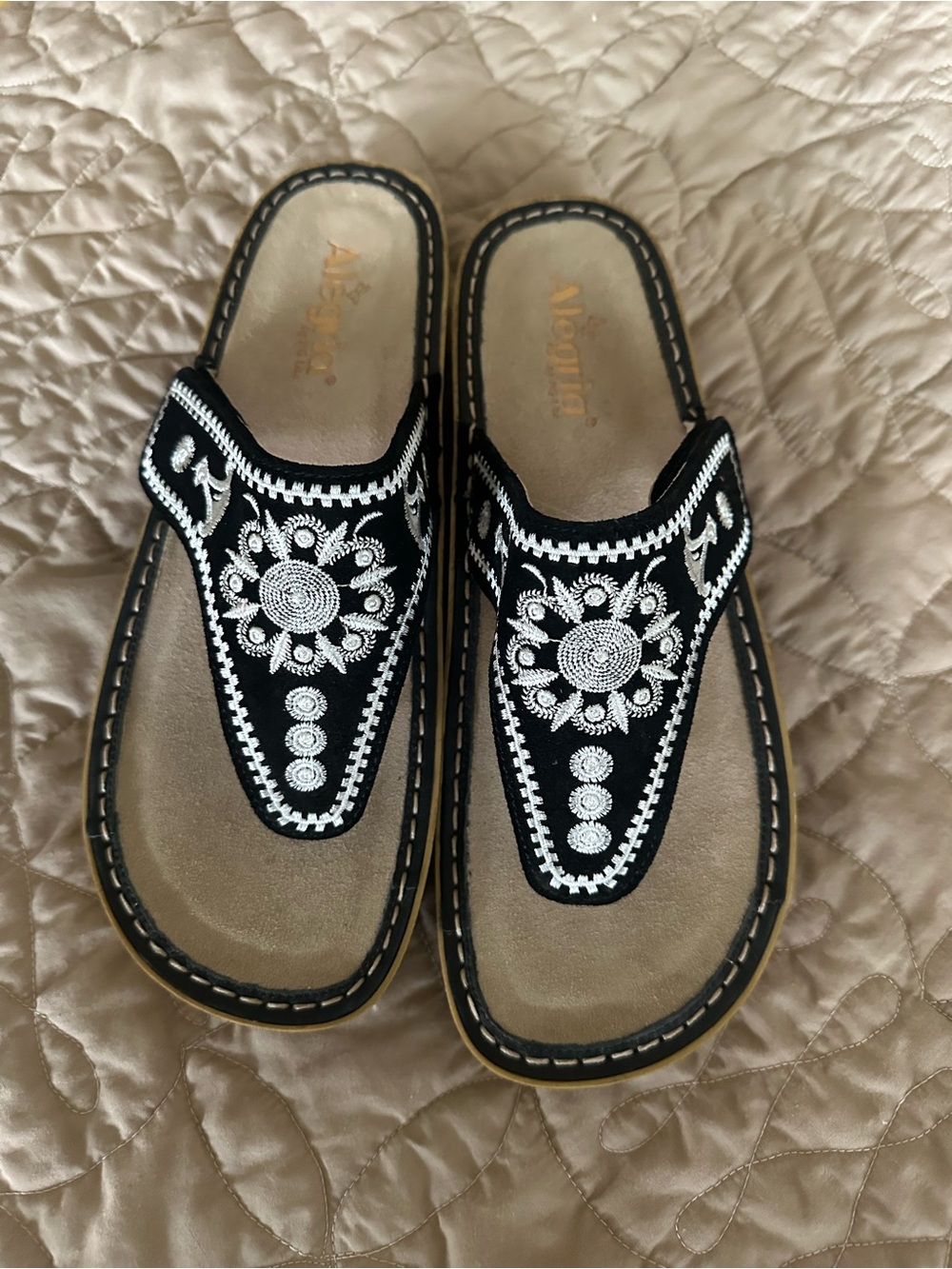 Alegria Black Embroidered Thong Clogs